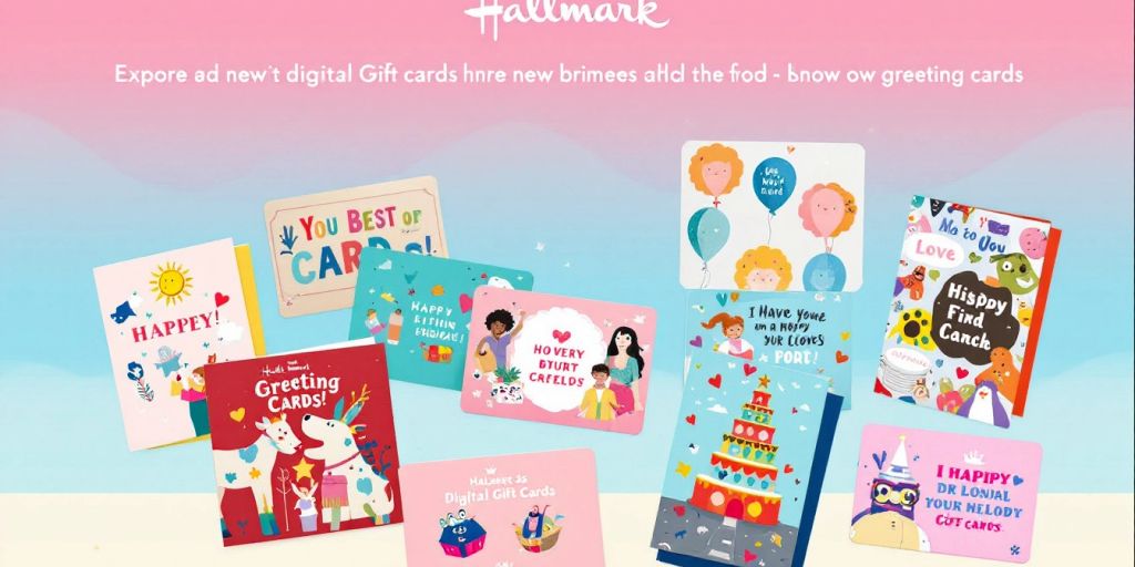 Colorful Hallmark greeting cards with digital gift cards displayed.