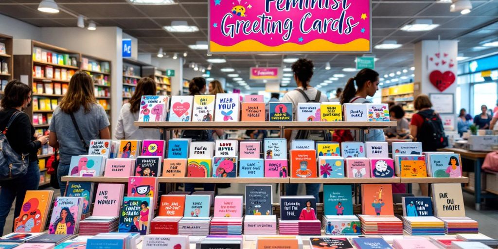 Feminist greeting cards displayed in an airport store.