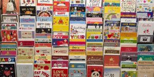 Colorful greeting cards displayed artfully.