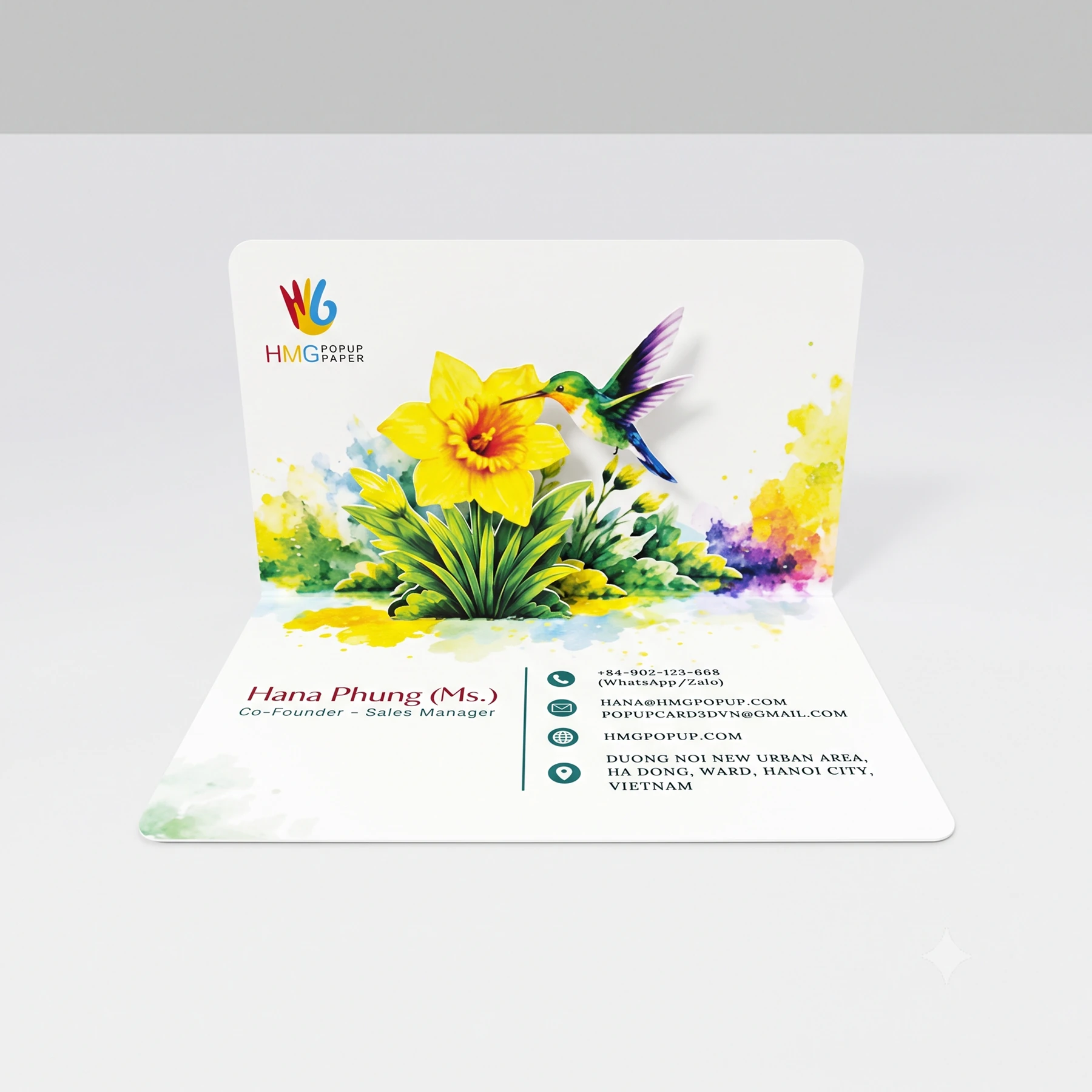 Bulk Watercolor Daffodil & Hummingbird 3D Custom Pop-Up Business Cards for Florists & Creatives