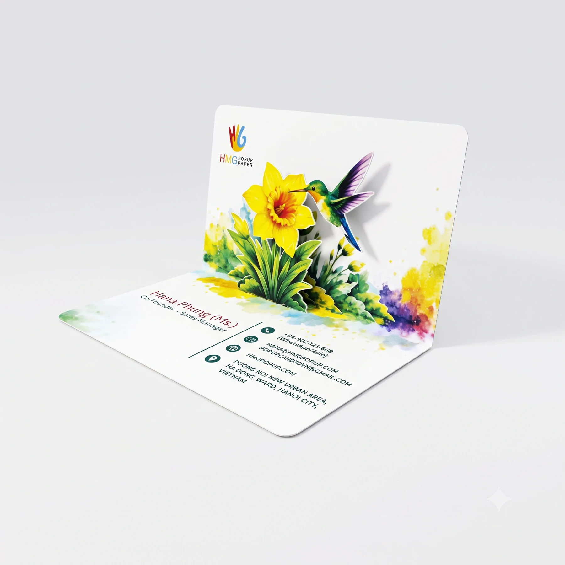 Bulk Watercolor Daffodil & Hummingbird 3D Custom Pop-Up Business Cards for Florists & Creatives - Image 5